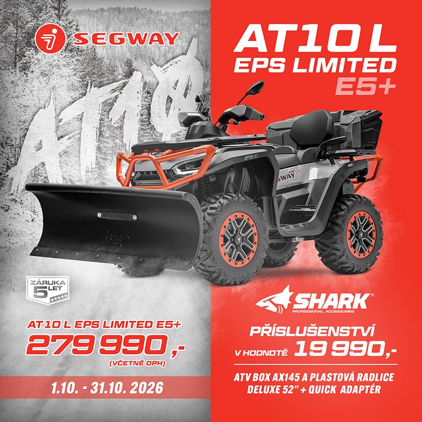 Plakát akce Segway: AT10 L EPS Limited E5+ za 279 990 Kč včetně DPH, k tomu příslušenství Shark v hodnotě 19 990 Kč – ATV box AX145 a plastová radlice Deluxe 52″ s Quick adaptérem. Záruka 5 let. Platí 1. 10. – 31. 10. 2026.
